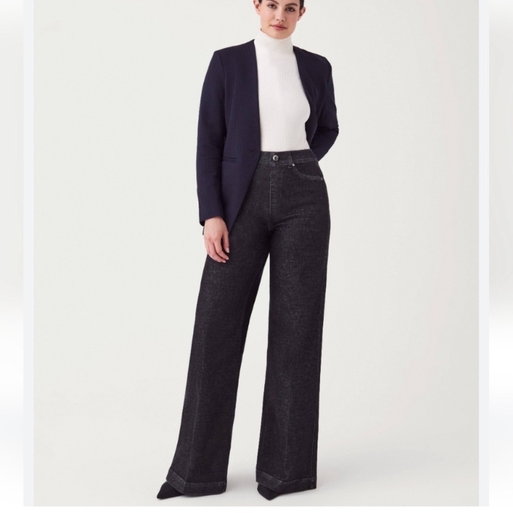 SPANX Wide Leg Pull‎ On Denim Jeans Womens Medium Charcoal Stretch